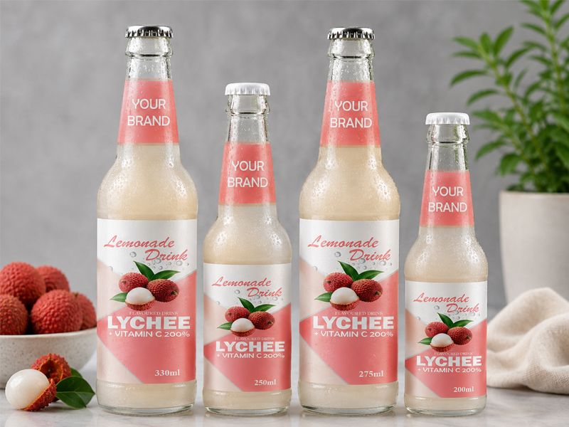 LEMONADE DRINK Lychee flavored drink available in 330ml, 250ml, 275ml, and 200ml glass bottles.